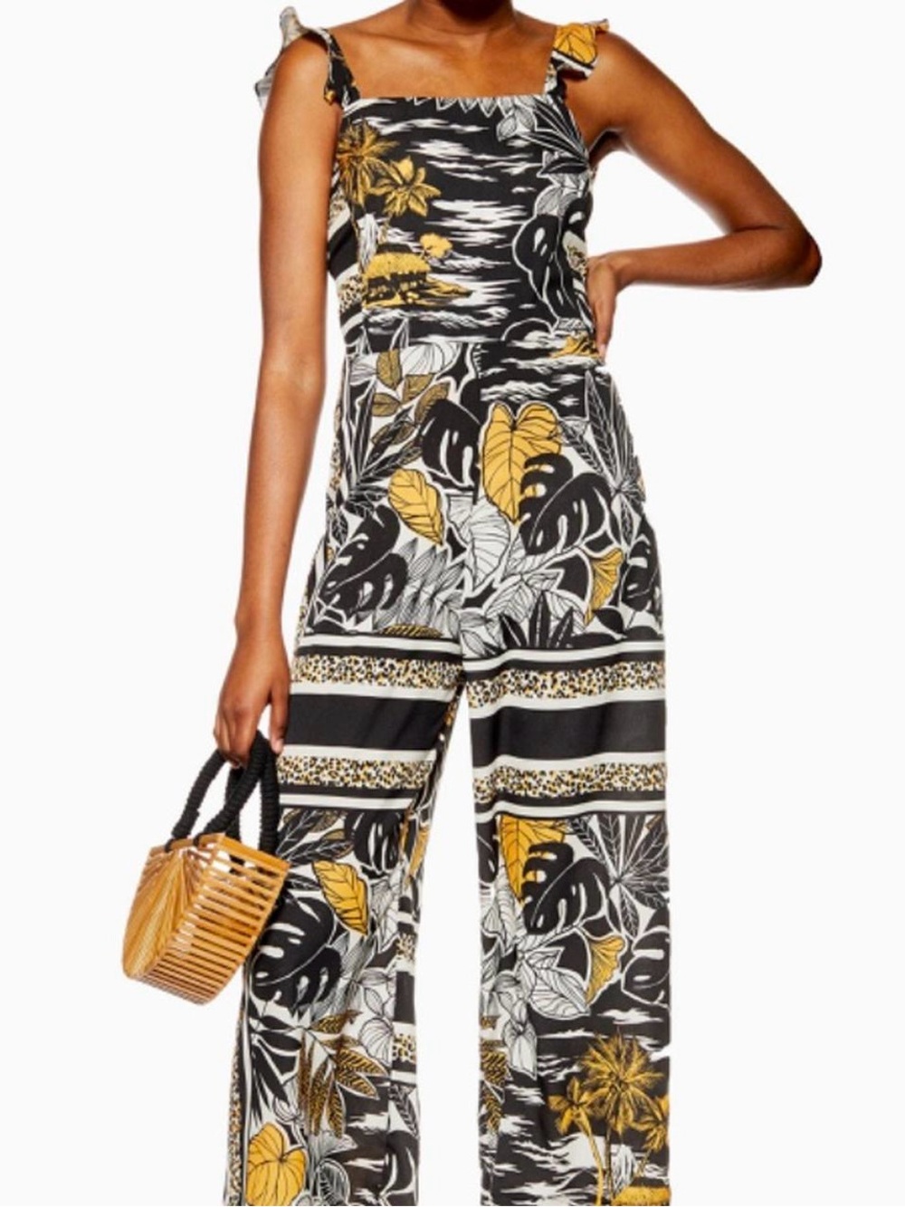Topshop Black, White & Mustard Tropical Print Wide-Leg Jumpsuit